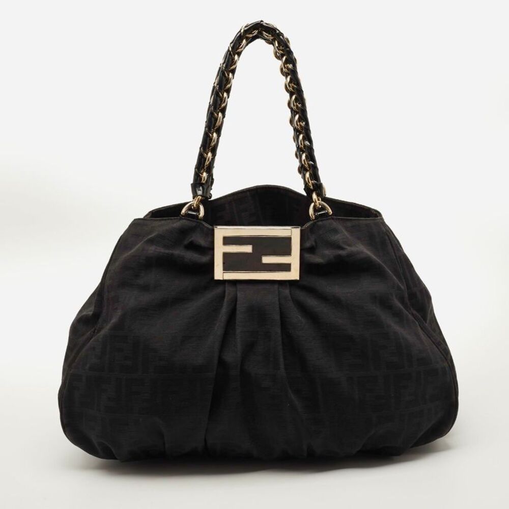 Fendi Mia Large Black Zucca Fabric And Leather Patent Leather Shoulder Bag